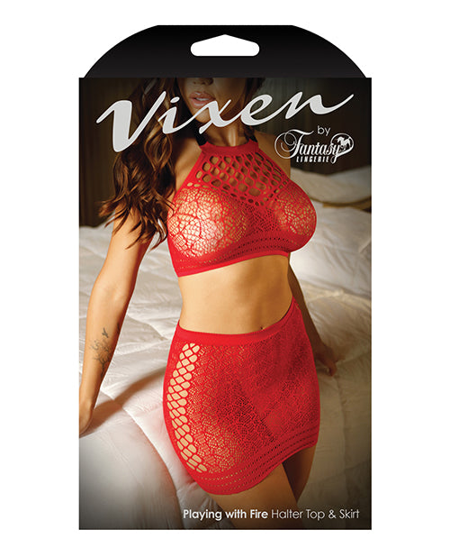 Top de red Vixen con cuello halter y falda con lazo en la espalda, rojo L/XL