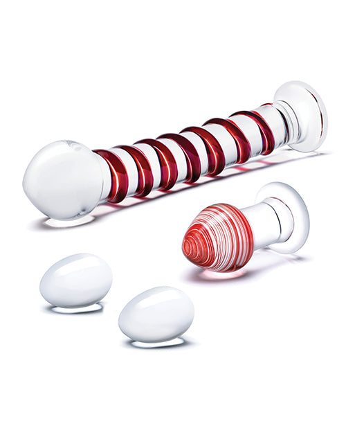 Ensemble de 4 godemichés en verre Glas | Boules de Geisha en verre Mr Swirly | Plug anal rouge de 8,25 cm