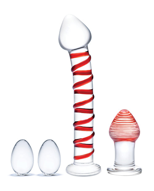 Juego de dildos de cristal Glas de 4 piezas | Bolas Kegel de cristal Mr Swirly | Tapón anal rojo de 3,25"