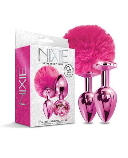 Ensemble de plug anal en métal Nixie avec bijoux incrustés et pompon – Rose métallisé