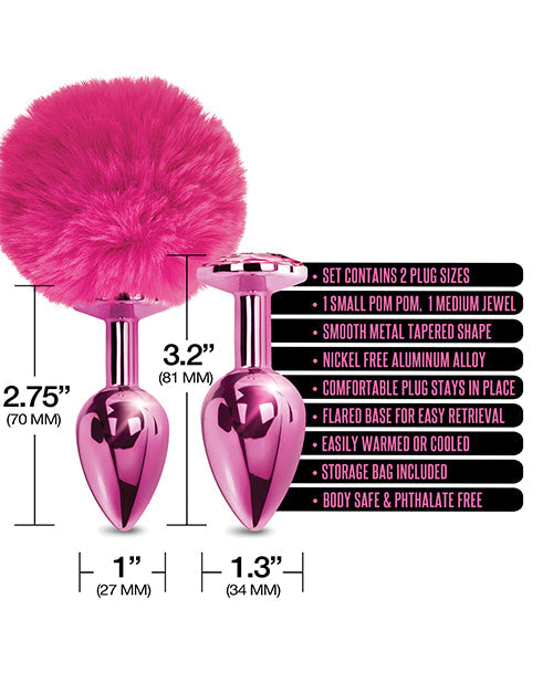 Ensemble de plug anal en métal Nixie avec bijoux incrustés et pompon – Rose métallisé
