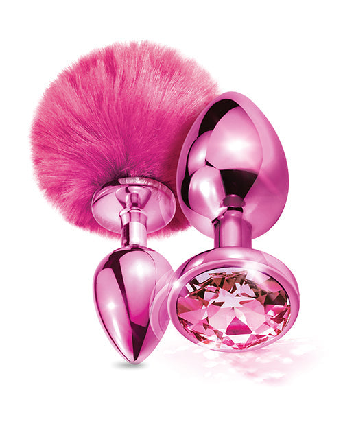 Ensemble de plug anal en métal Nixie avec bijoux incrustés et pompon – Rose métallisé