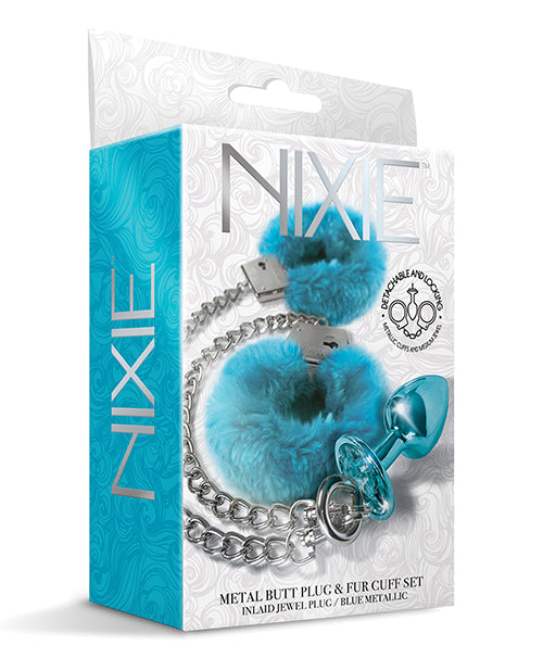 Nixie tapón anal de metal con joya incrustada y juego de puño de piel - Azul metálico