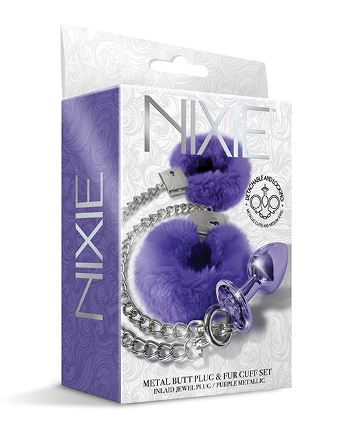 Tapón Anal Metálico Nixie con Joya Incrustada y Conjunto de Puños de Piel - Morado Metálico