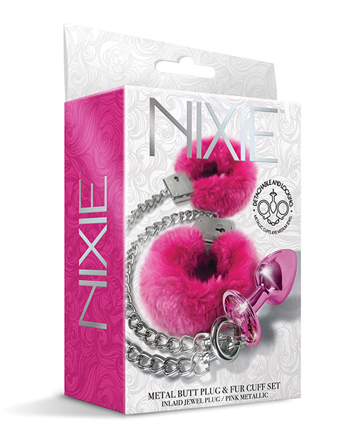 Tapa Anal Metálica Nixie con Joya Incrustada y Conjunto de Puños de Pelo - Rosa Metálico