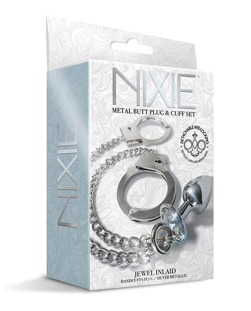 Nixie Tapa Anal Metálica con Gema Incrustada y Conjunto de Puños de Pelo - Plateado Metálico