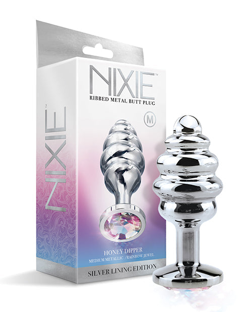 Nixie Honey Dipper Tapón Anal Acanalado de Metal con Joyas Arcoíris - Mediano