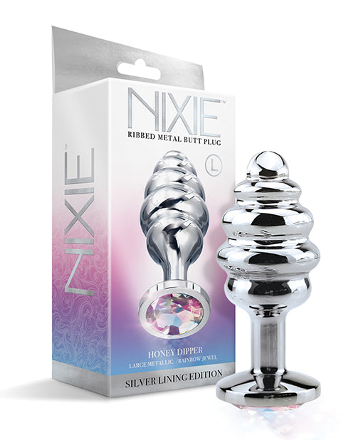 Nixie Honey Dipper Tapón Anal Acanalado de Metal con Joyas de Arcoíris - Grande