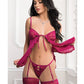 Nuisette à volants en dentelle et résille avec string, jarretelles et bas – Framboise TU