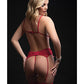 Lace Up Bra w/Heart Detail, Garter Belt & Thong Red O/S