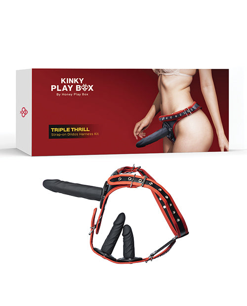 Ensemble de harnais de godemichet triple plaisir Kinky Play Box - Noir/Rouge