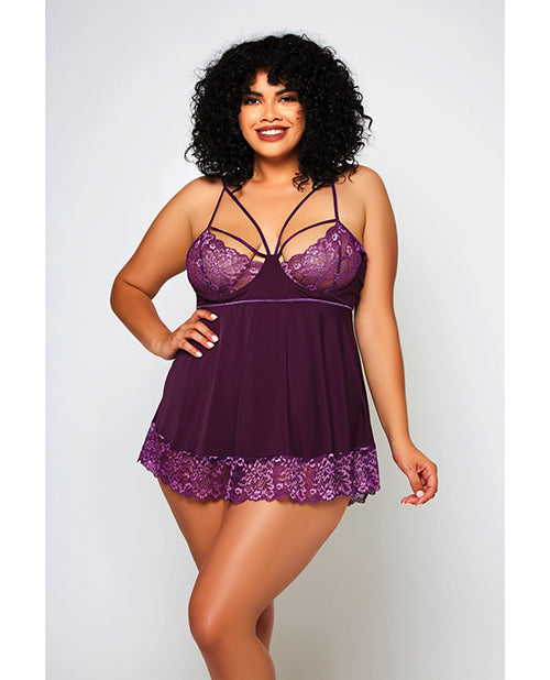 Baby-doll et string en dentelle et microfibre chiné violet 3X