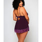 Baby-doll et string en dentelle et microfibre chiné violet 3X