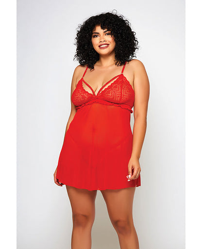Nuisette et string en dentelle festonnée et résille fine rouges, taille 1X