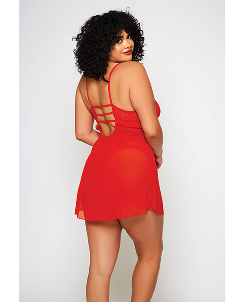 Nuisette et string en dentelle festonnée et résille fine rouges, taille 1X