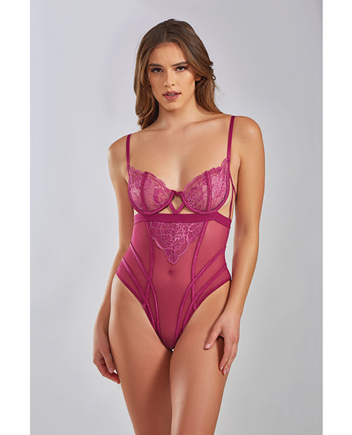 Teddy en dentelle gallon et maille Quinn, teint croisé, couleur lie de vin, taille S/M