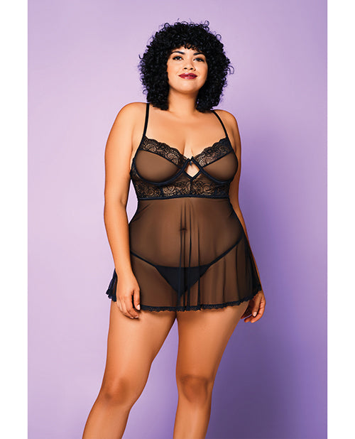 Babydoll de malla suave y tanga negra 3X