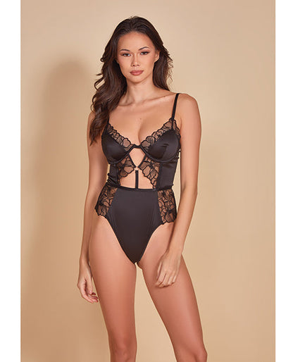 Body Teddy en satin effiloché et résille brodée noir TP/P
