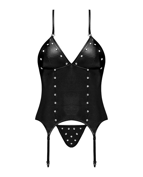 Corsé Lust Madame con ligueros de metal y tanga, negro, talla S/M