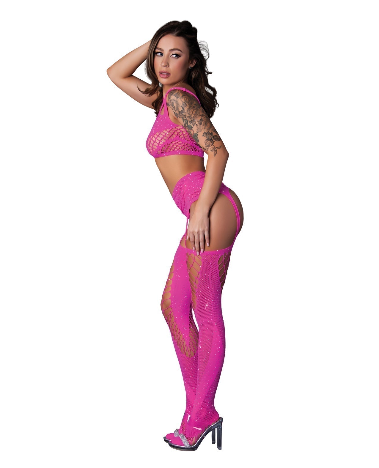 Bralette reflectante sin costuras para luz negra con tanga y ligueros (conjunto de 3 piezas) - Rosa Talla Única