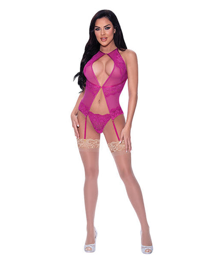 Basque de encaje con cuello halter y tanga de Berrylicious, rosa L/XL