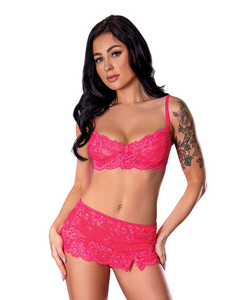 Soutien-gorge en dentelle "Get It Girl" avec jupe et string - Rose L/XL