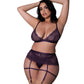 Ensemble 3 pièces en maille extensible et dentelle Leather & Lace avec porte-jarretelles et string - Prune 2X
