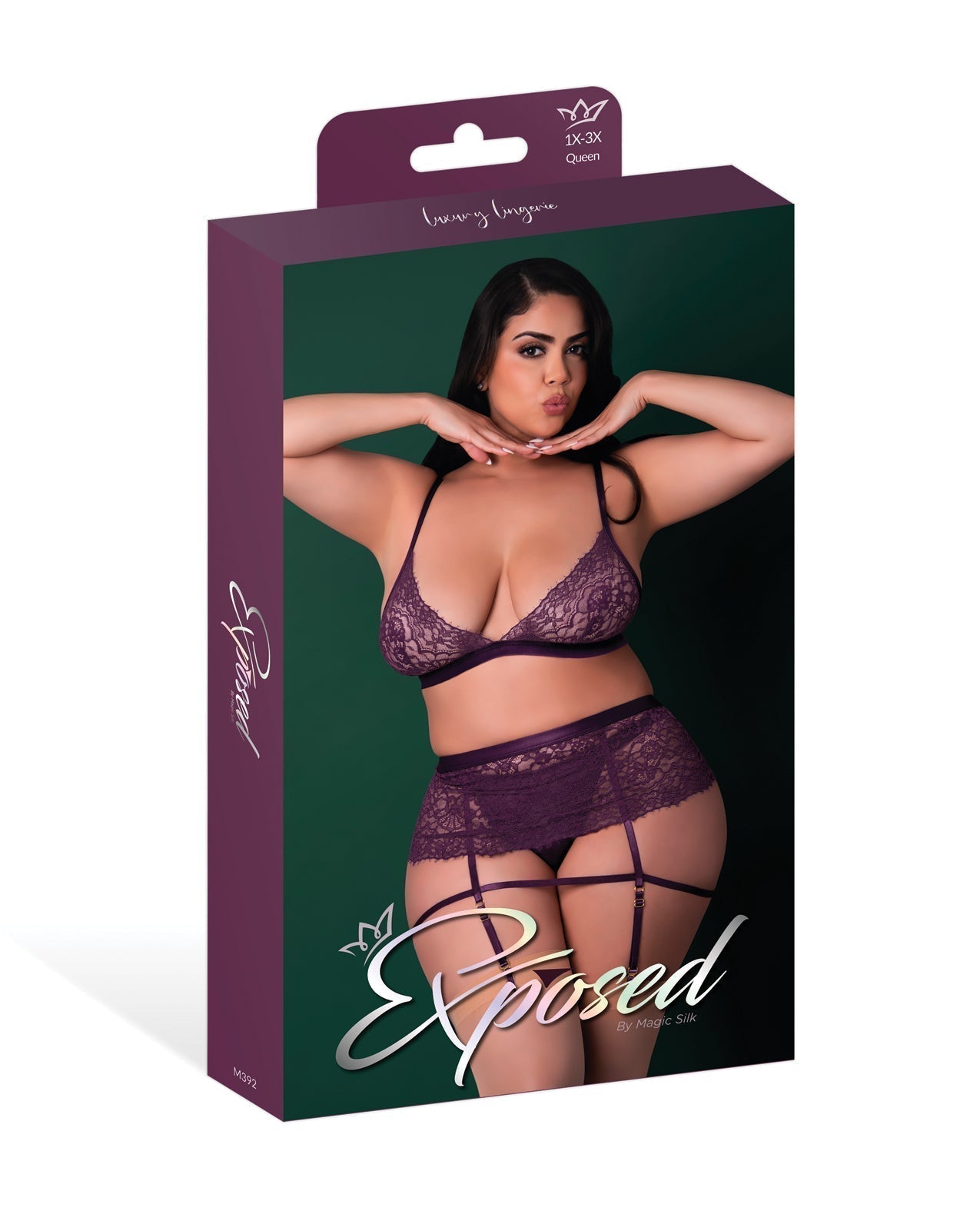 Ensemble 3 pièces en maille extensible et dentelle Leather & Lace avec porte-jarretelles et string - Prune 2X