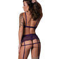 Leather & Lace Stretch Mesh and Lace Bralette w/Garter & Thong 3 pc Set - Plum L/XL