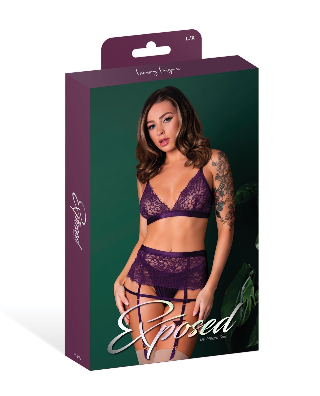 Leather & Lace Stretch Mesh and Lace Bralette w/Garter & Thong 3 pc Set - Plum L/XL