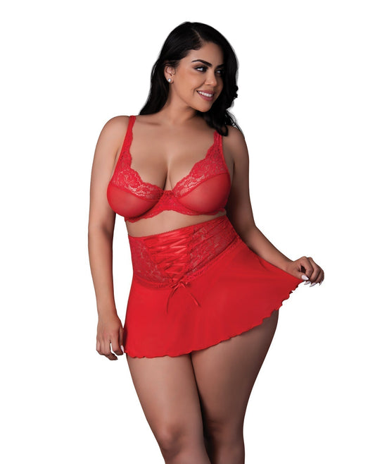 Parure 3 pièces Sugar High soutien-gorge sans armature avec porte-jarretelles et culotte – Rouge TGN