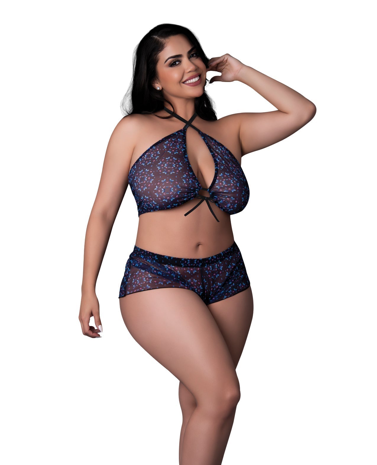 Conjunto de 2 piezas de top corto con cuello halter y pantalón corto reflectante Blacklight Hazy Dayz Butterfly - Negro Multi QN