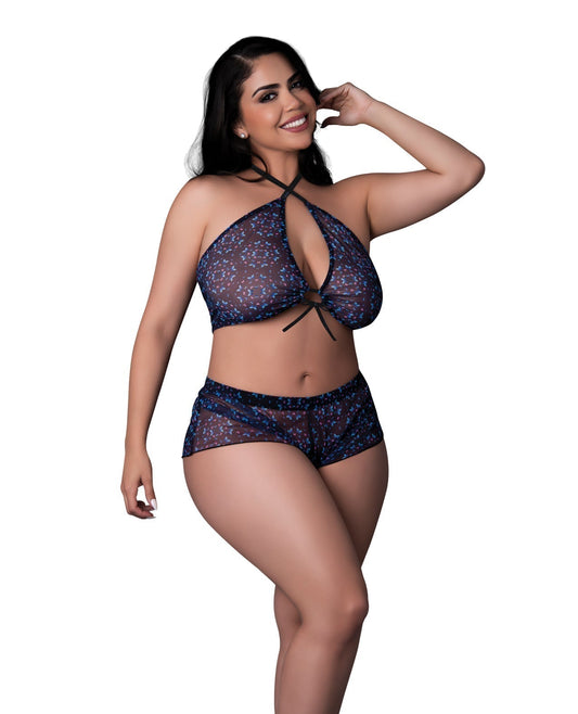 Conjunto de 2 piezas de top corto con cuello halter y pantalón corto reflectante Blacklight Hazy Dayz Butterfly - Negro Multi QN