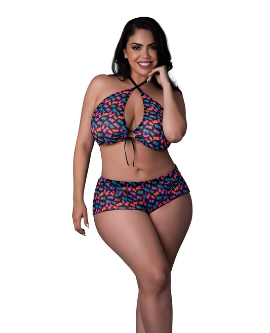 Conjunto de 2 piezas de top halter y pantalón corto Hazy Dayz Gummy Bear Blacklight Reflective - Multicolor QN
