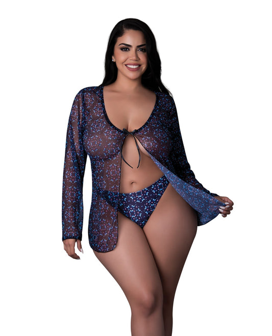 Conjunto de 2 piezas de top con nudo delantero y tanga reflectantes a la luz negra con estampado de mariposa de Hazy Dayz - Negro Multicolor T/U