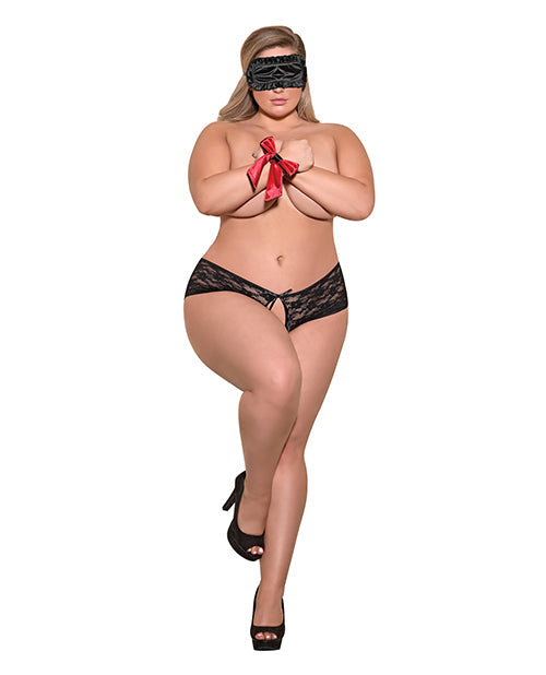 Love & Bondage Pantalón Corto de Encaje con Abertura Trasera, Antifaz y Cintas para Muñecas Negro QN