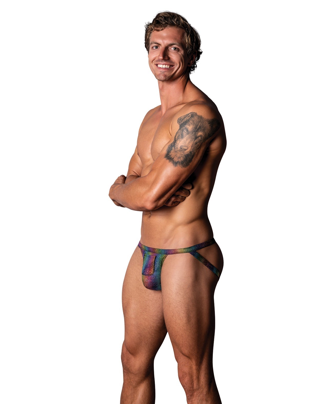 Suspensorio Pack & Play con bolsillo frontal para condones - Arcoíris G/XL