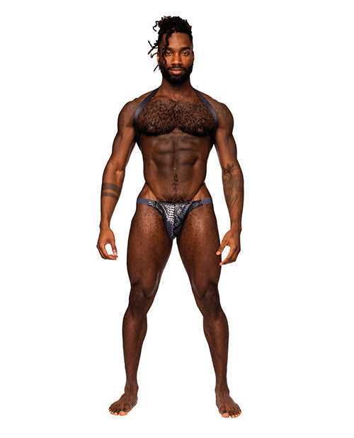 Arnés de hombro con tirantes de eslinga metálica con recubrimiento enroscado, tanga, negro/azul L/XL