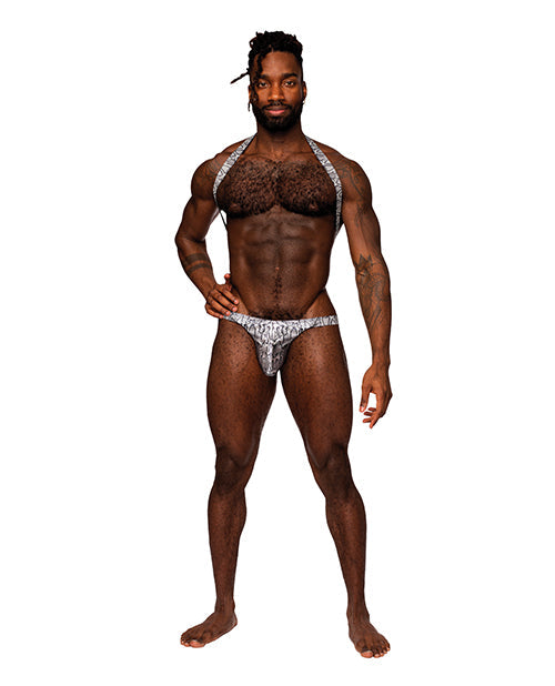 Arnés de tirantes metálico con forma de serpiente, con tanga, color plata/negro, L/XL