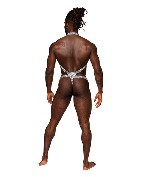 Arnés de tirantes metálico con forma de serpiente, con tanga, color plata/negro, L/XL