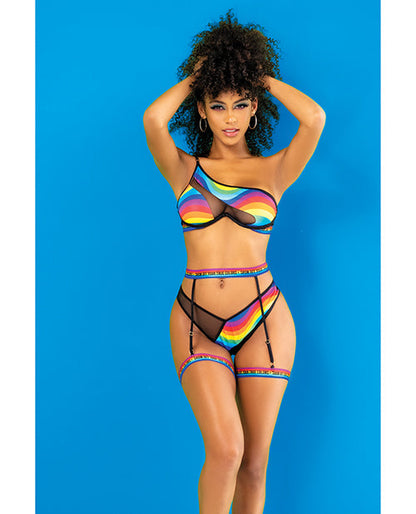 Top de un solo hombro Pride, liguero y braga negros estampados G/XL