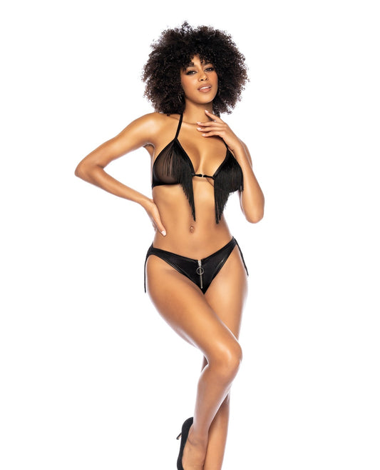 Top halter con flecos y parte inferior abierta con cremallera frontal negro S/M