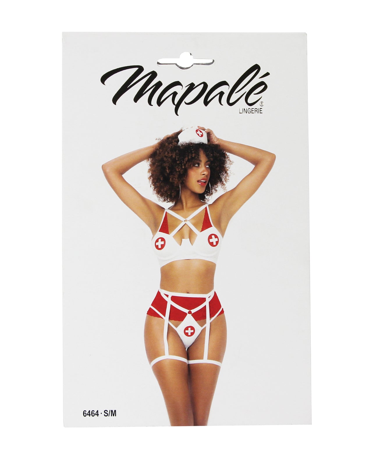 Ensemble infirmière 3 pièces : haut à armatures, bas ouvert au dos avec porte-jarretelles intégré et coiffe rouge/blanc