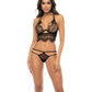 Soutien-gorge à armatures long en dentelle avec jupe amovible et culotte string Noir S/M