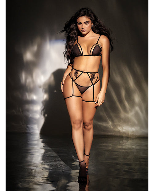 Top de malla con cobertura ajustable, liguero y tanga negro S/M