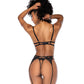 Sujetador de encaje con aros con tanga sin entrepierna y liguero 3 pzas Set - Negro L/XL