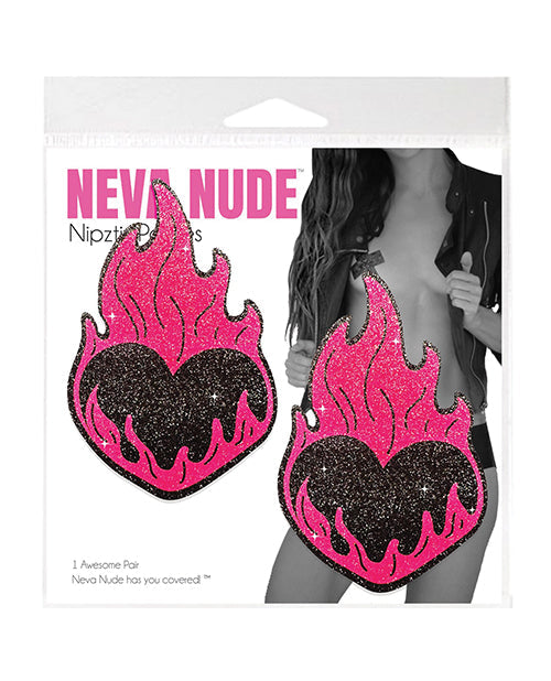 Cubrepezones Neva Nude Corazón en Llamas con Purpurina - Negro/Rojo Talla Única