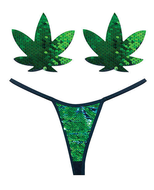 Neva Nude Naughty Knix Hojas de Marihuana de Lentejuelas Tanga y Pezoneras - Verde Talla Única