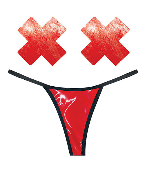 Neva Nude Naughty Knix Tanga de vinilo húmedo y pezoneras Vixen - Rojo T/U