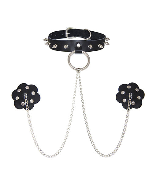Neva Nude Burlesque Slave 4 U Collar de cadena gargantilla de cuero con pezoneras de silicona reutilizables - Negro T/U